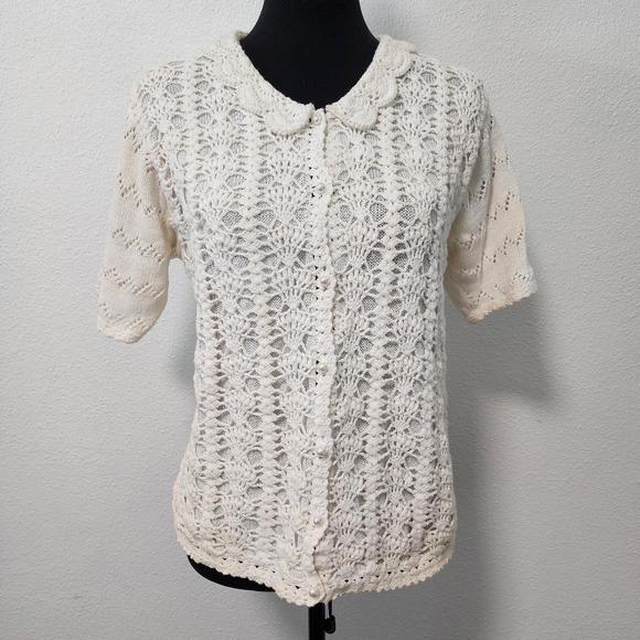 Sweaters - Elegant Cream Crochet Scalloped Collar Pearl Beaded Short Sleeve Cardigan